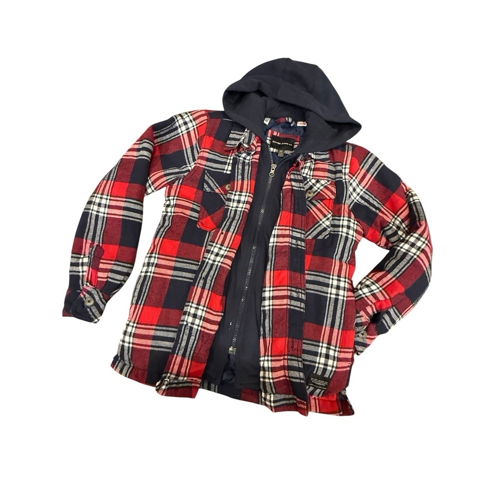 Silver Jeans Co Flannel Youth Lg Plaid Hooded Surfer Skater Jacket Red/Blue